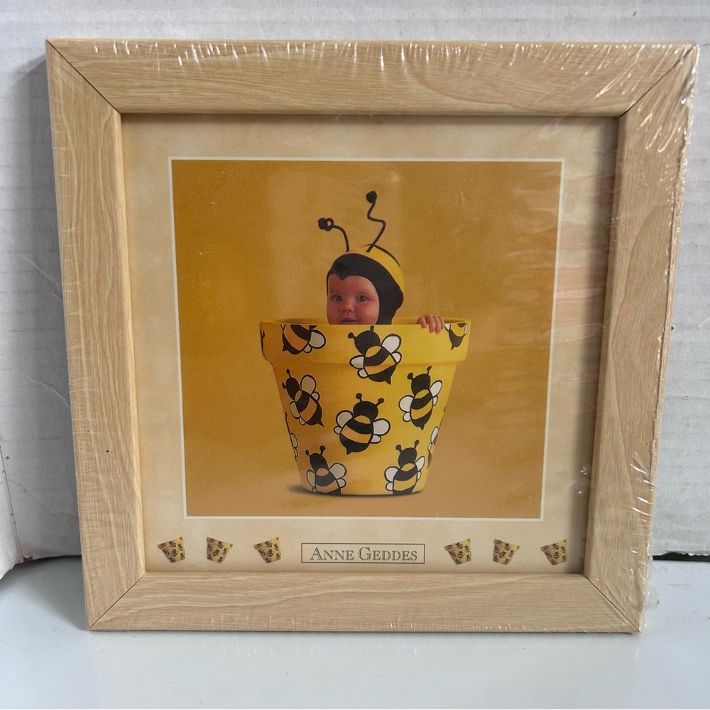 Vintage 2003 Anne Geddes Baby in a Bee Pot litho Framed Picture 7 X 7”